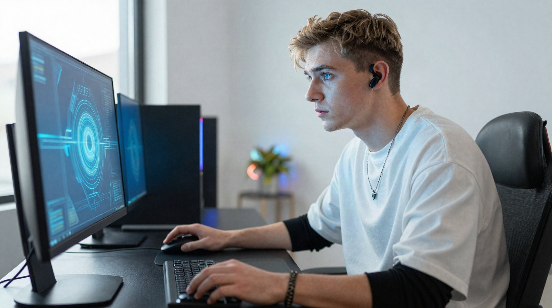 Игрок задумчиво смотрит на монитор с открытым игровым кейсом